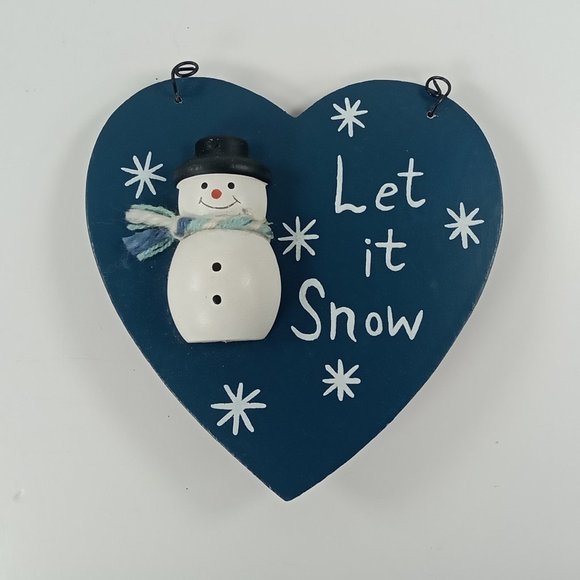 "Let it Snow" Snowman & Snowflake Blue Heart Wooden Christmas Hanging Ornament - Picture 3 of 4